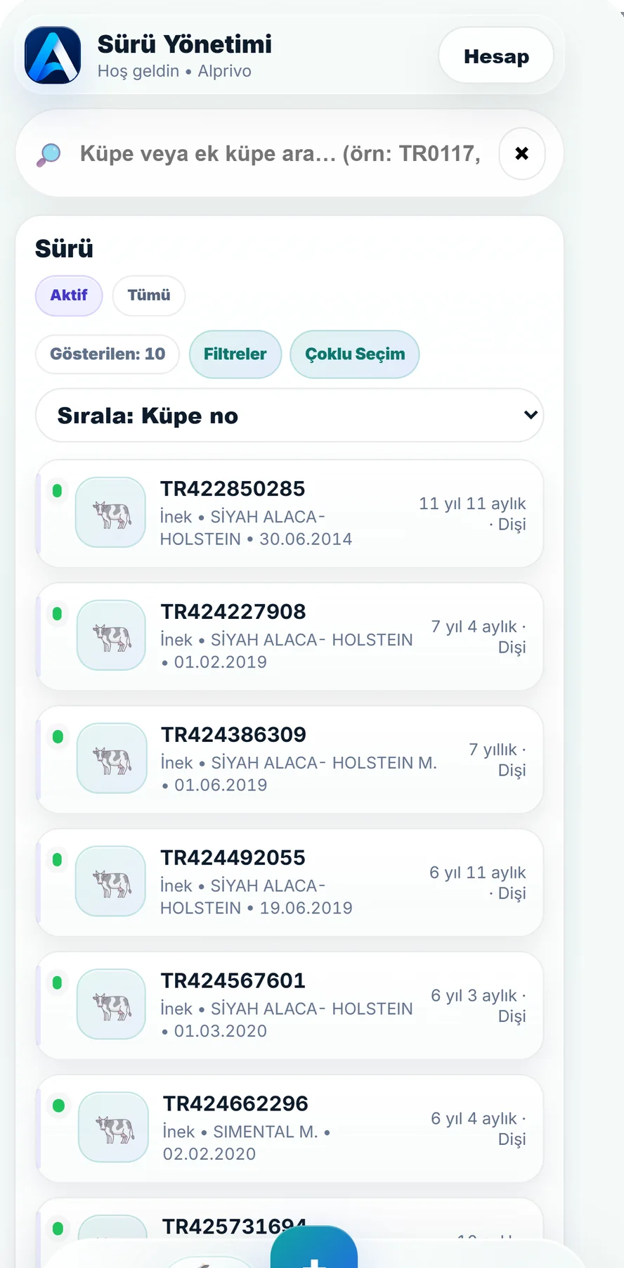 Alprivo Türkçe sürü ekranında hayvan arama ve kayıt listesi