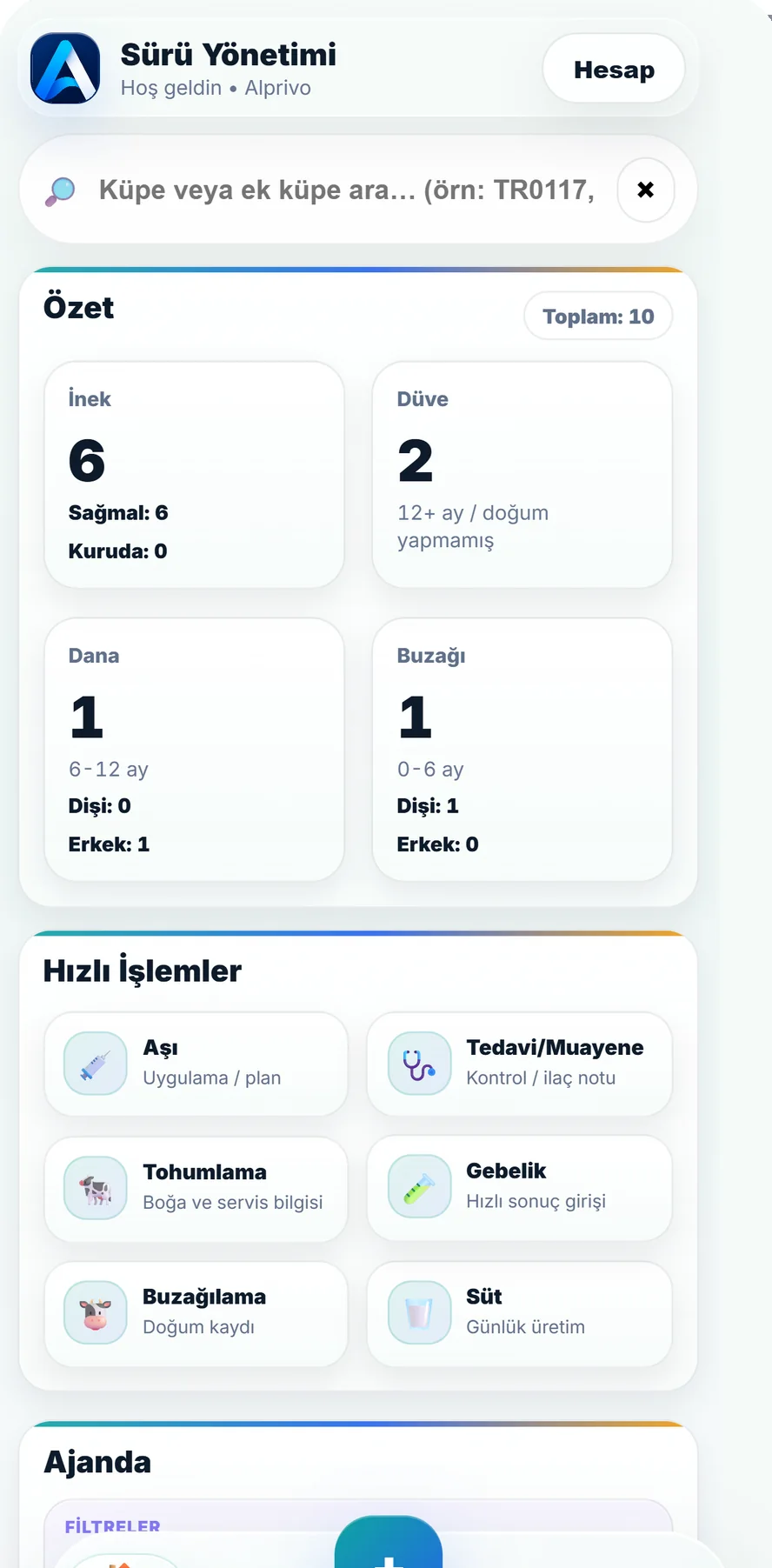 Alprivo Türkçe ana ekranında sürü özeti, Sürü Asistanı ve hızlı işlemler