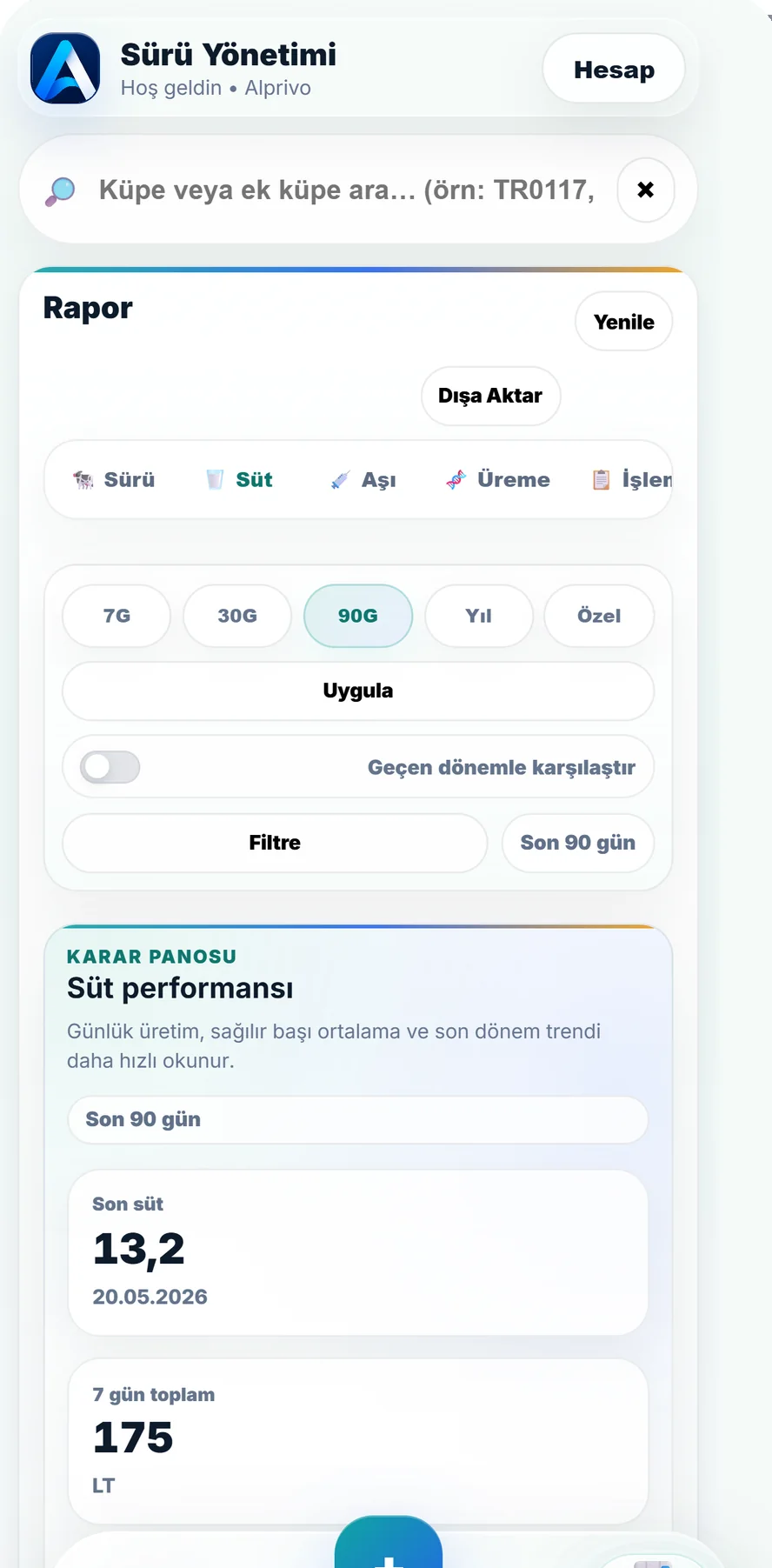 Alprivo Türkçe rapor ekranında sürü ve işletme raporları
